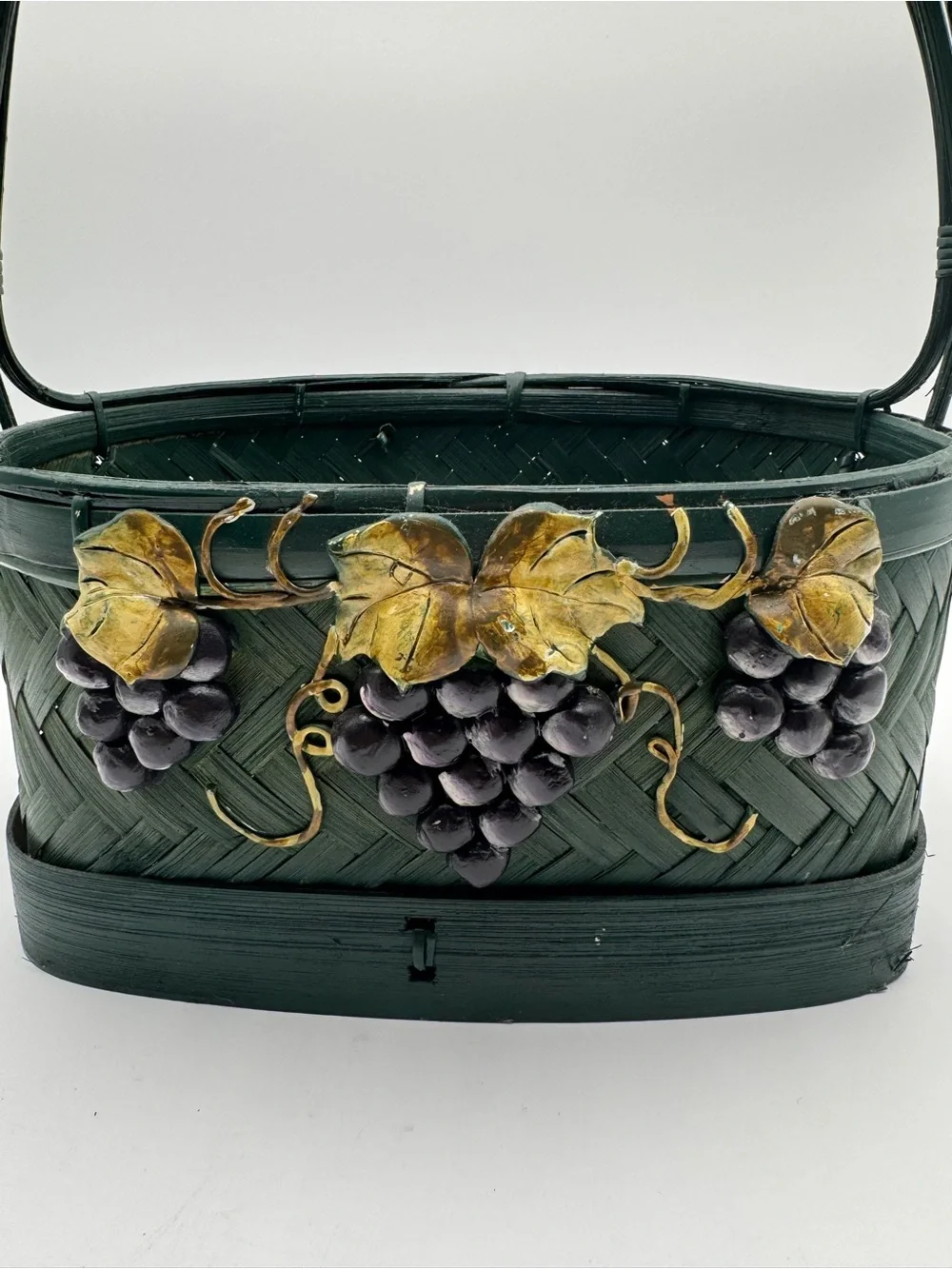 Vintage Green Woven Bamboo Basket Grape Vineyard Harvest Decor Floral Centerpiec